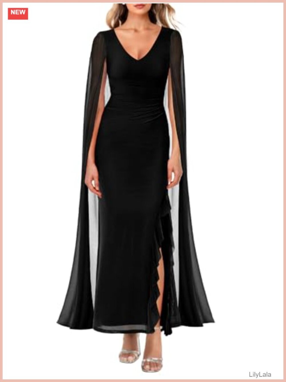Women's Maxi Evening Gown V Neck High Split Ruffle Cape Sleeve Formal Party